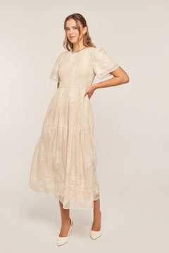 Embroidery Smocked Midi Dress