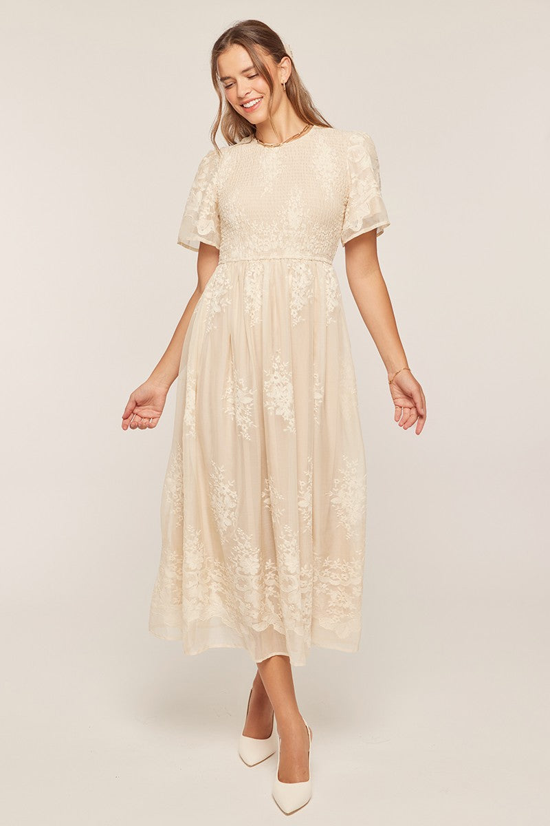 Embroidery Smocked Midi Dress