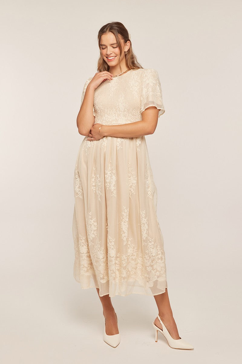 Embroidery Smocked Midi Dress