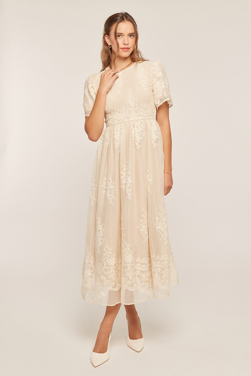 Embroidery Smocked Midi Dress