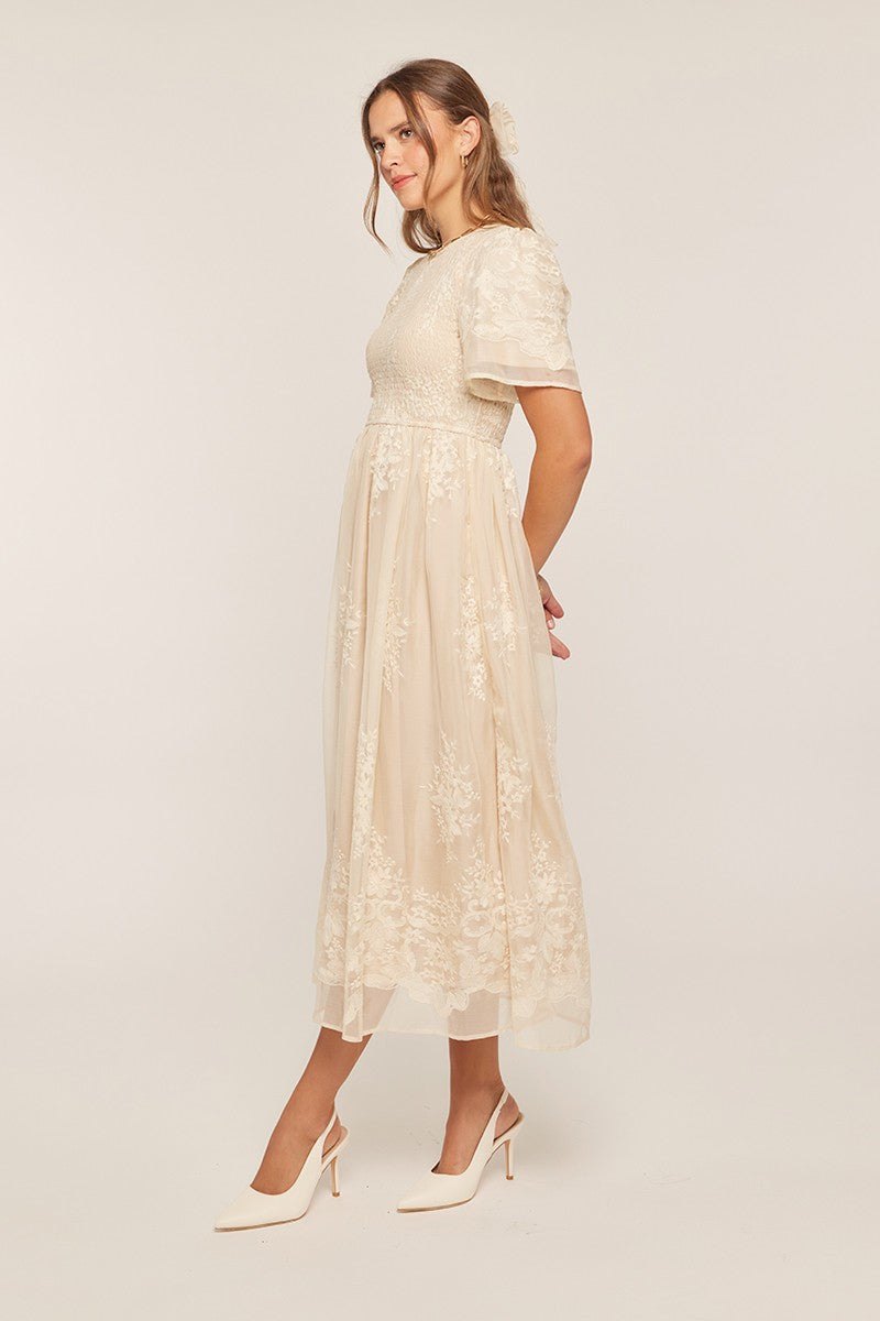 Embroidery Smocked Midi Dress