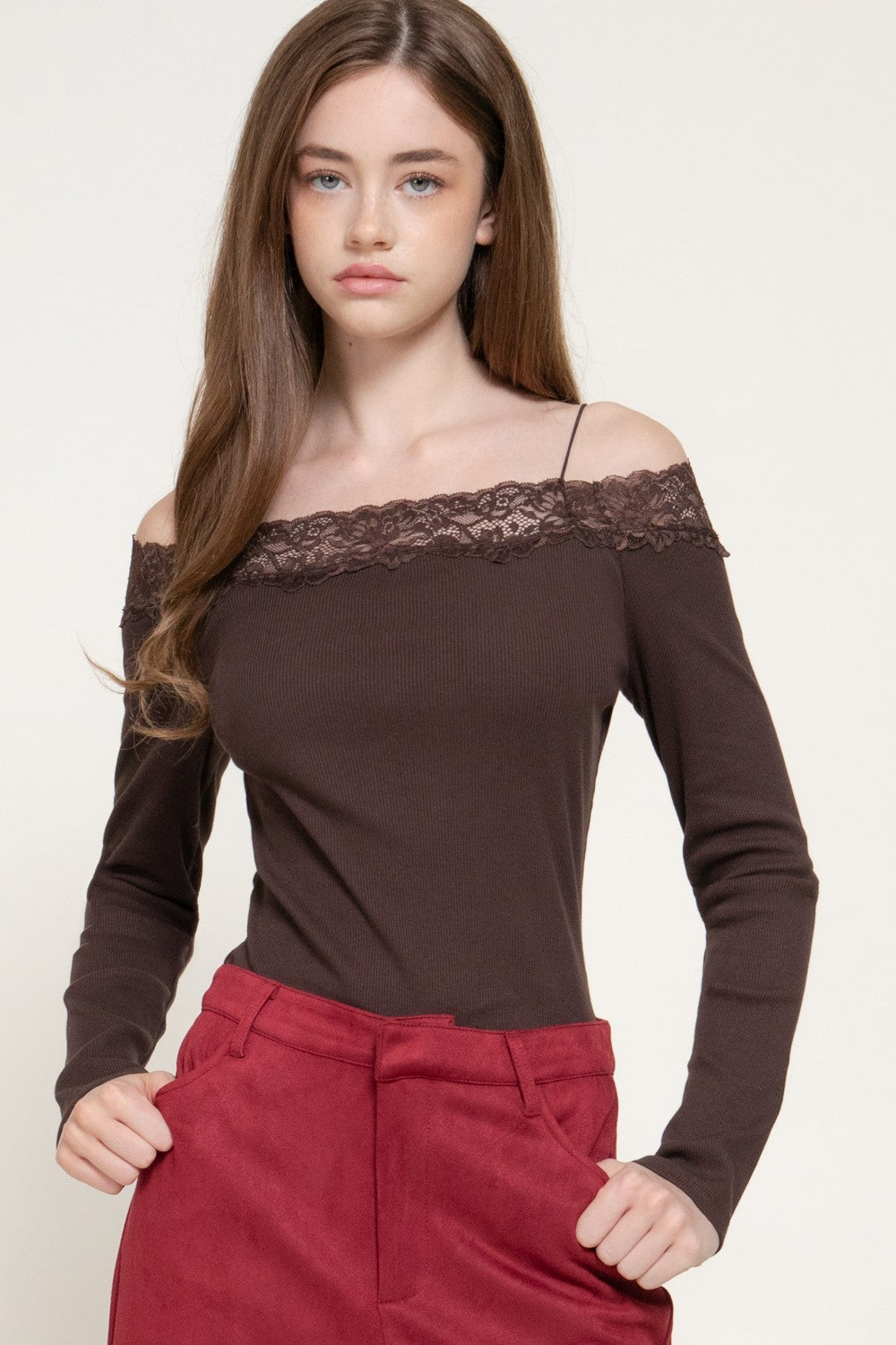 Long Slv Off The Shoulder Lace Trim Knit Top