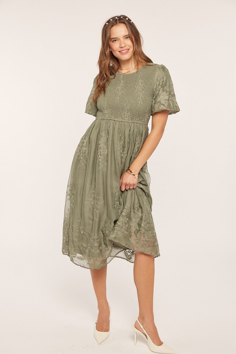 Floral Embroidered Mesh Midi Dress