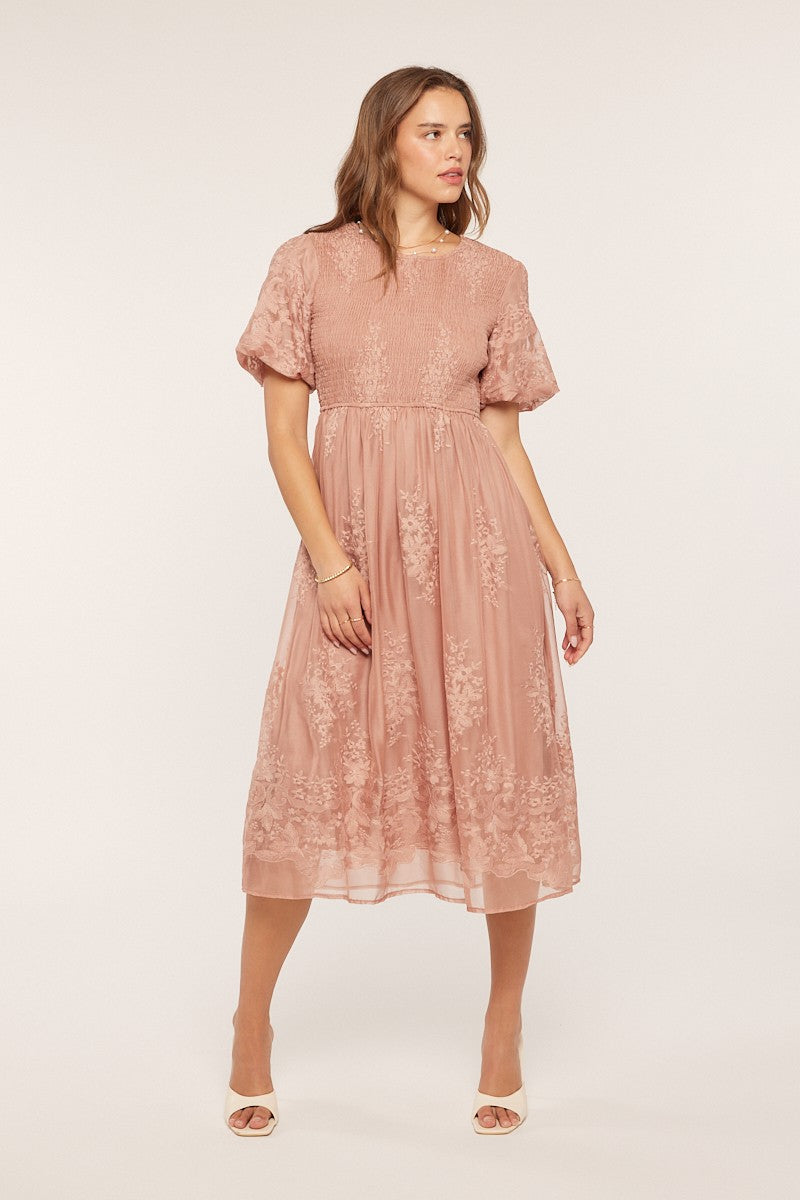 Floral Embroidered Mesh Midi Dress