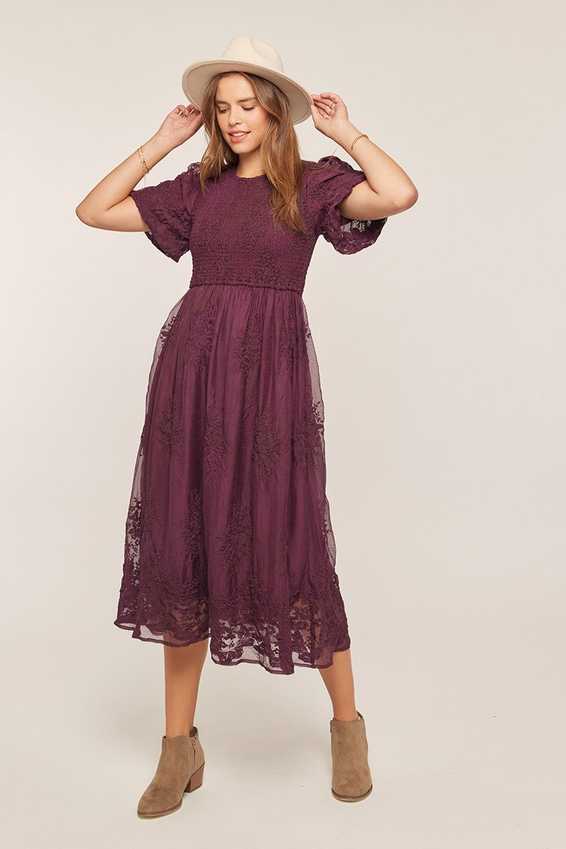 Floral Embroidered Mesh Midi Dress