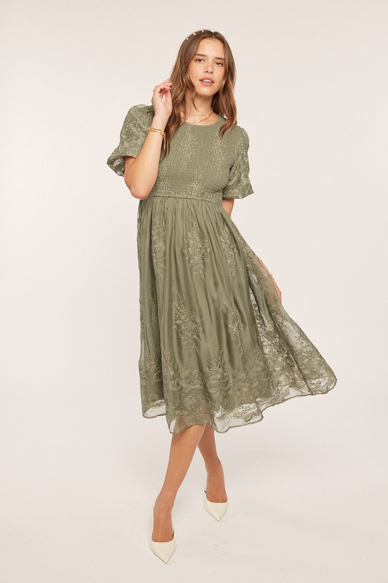 Floral Embroidered Mesh Midi Dress