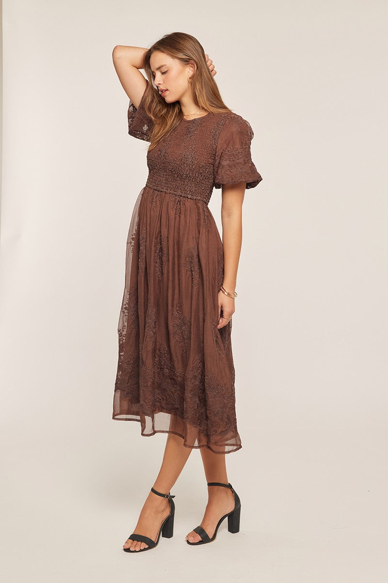 Floral Embroidered Mesh Midi Dress