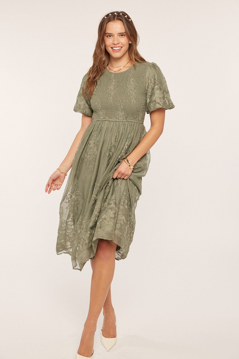 Floral Embroidered Mesh Midi Dress
