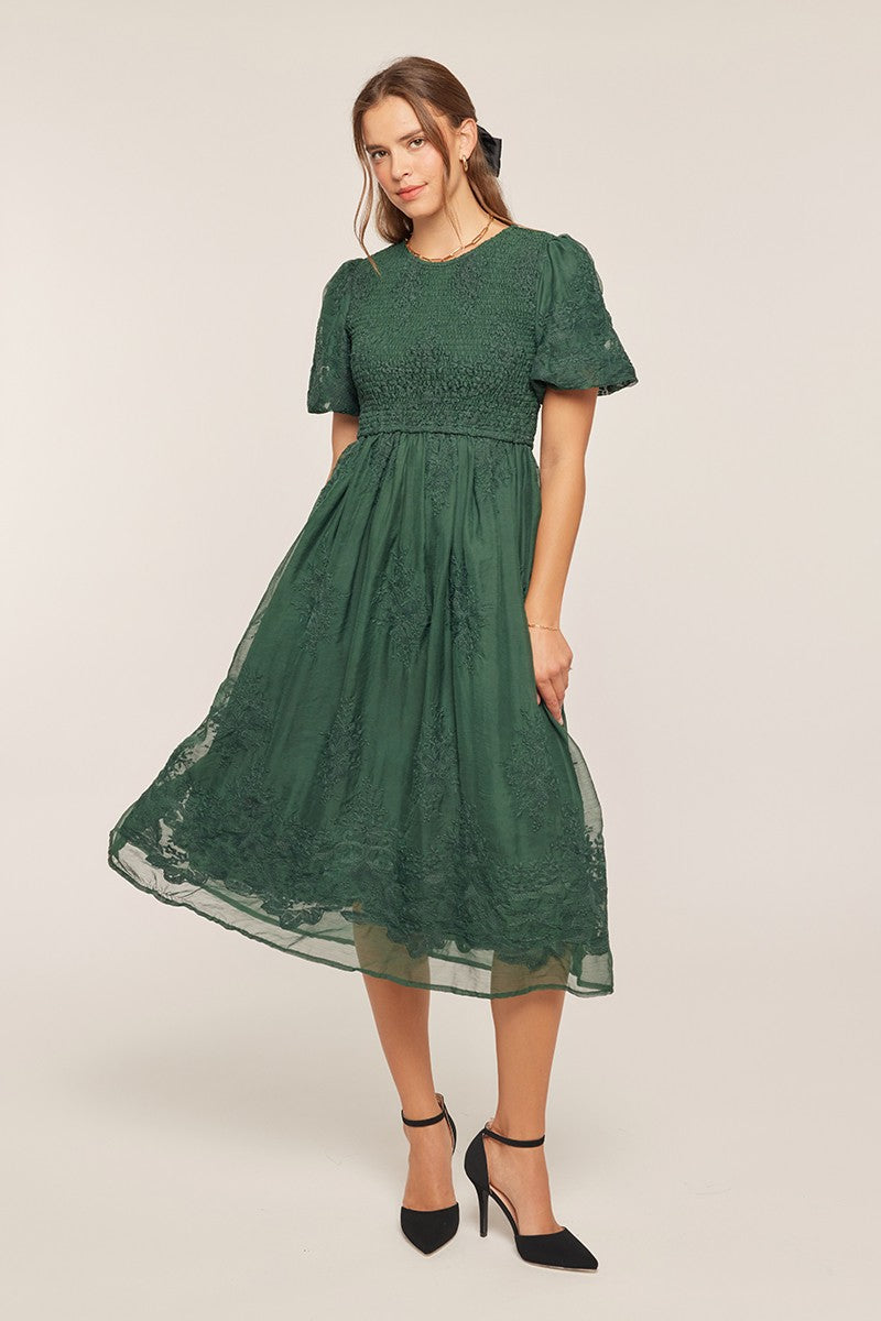 Floral Embroidered Mesh Midi Dress