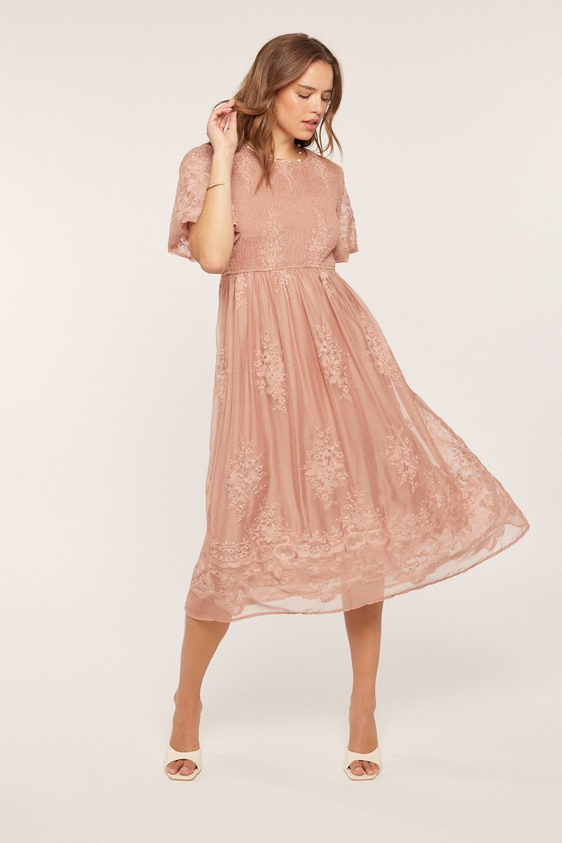 Floral Embroidered Mesh Midi Dress
