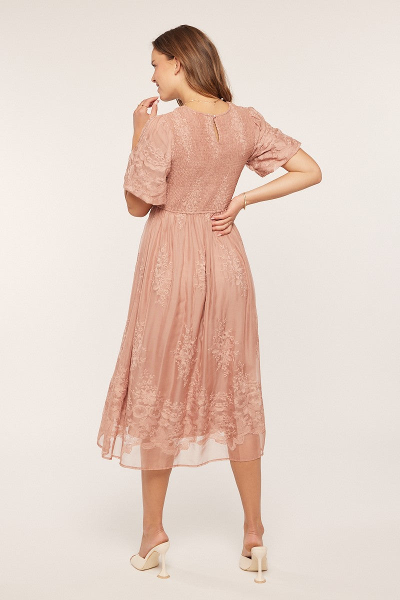 Floral Embroidered Mesh Midi Dress