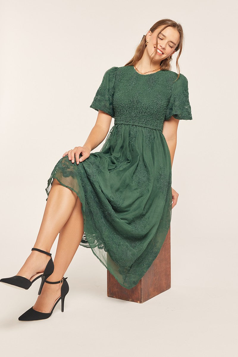 Floral Embroidered Mesh Midi Dress