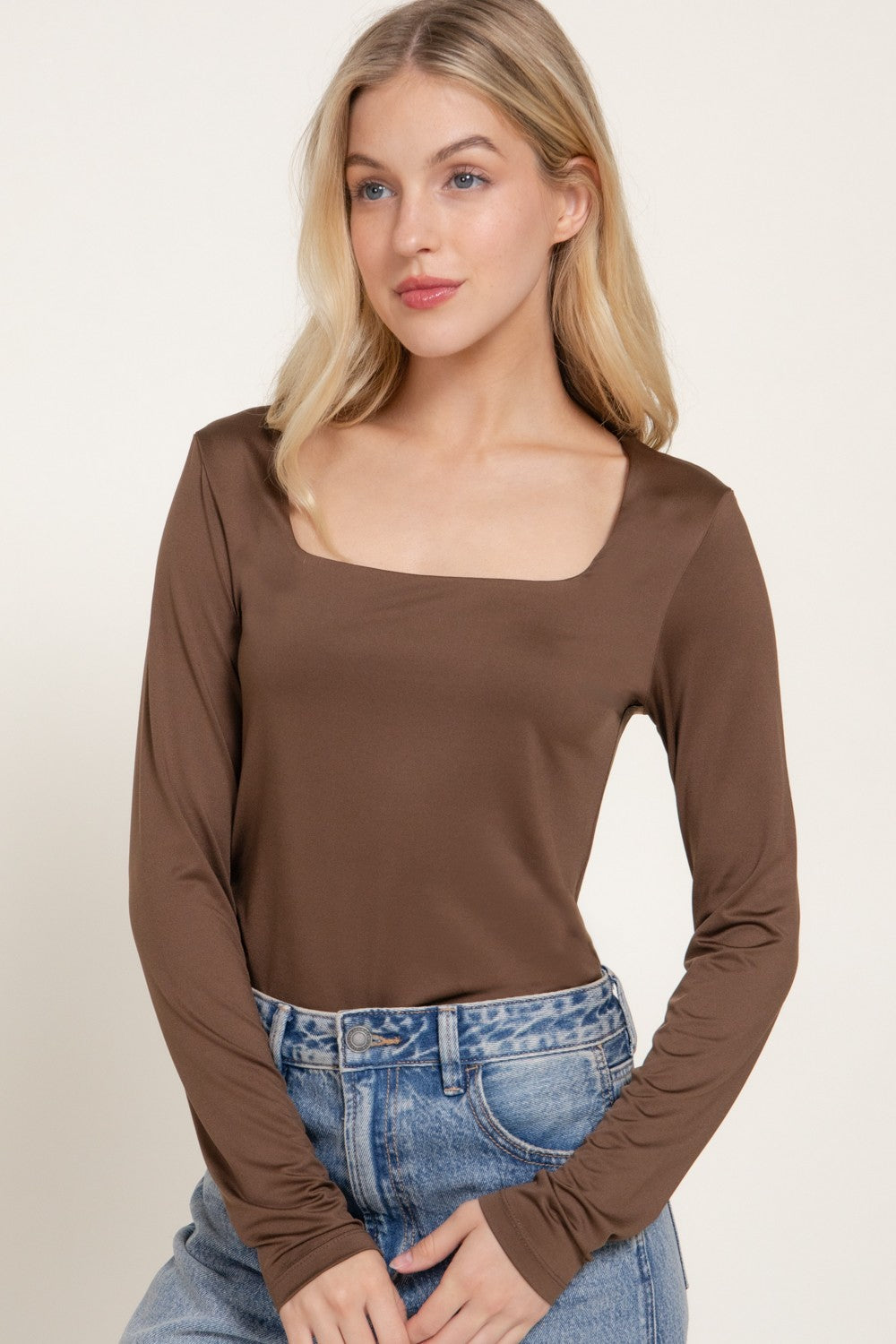 Long Slv Square Neck Double Layered Ity Knit Top