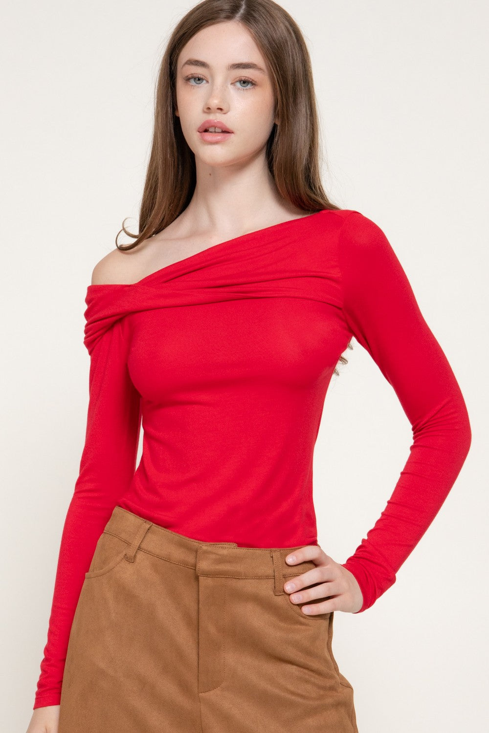 Long Slv Asymmetric Neckline Knit Top
