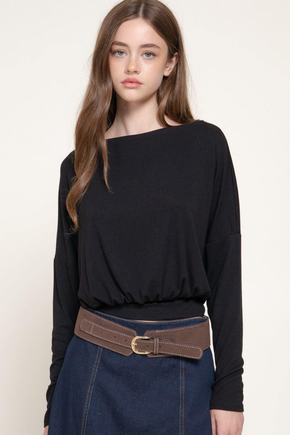 Long Slv Boat Neck Brushed Knit Top