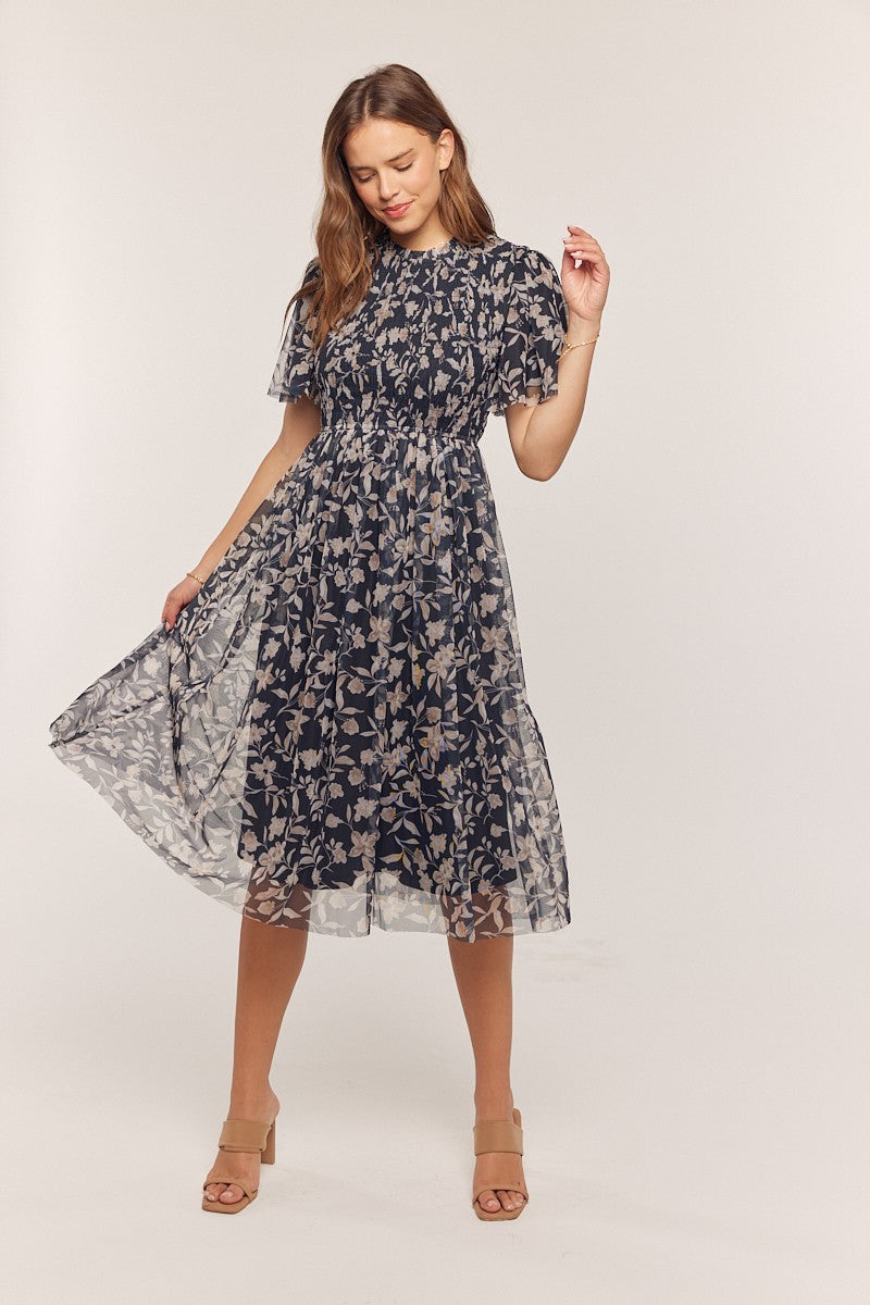 Printed Mesh Smocking Top Dress