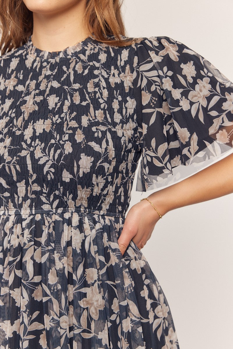 Printed Mesh Smocking Top Dress