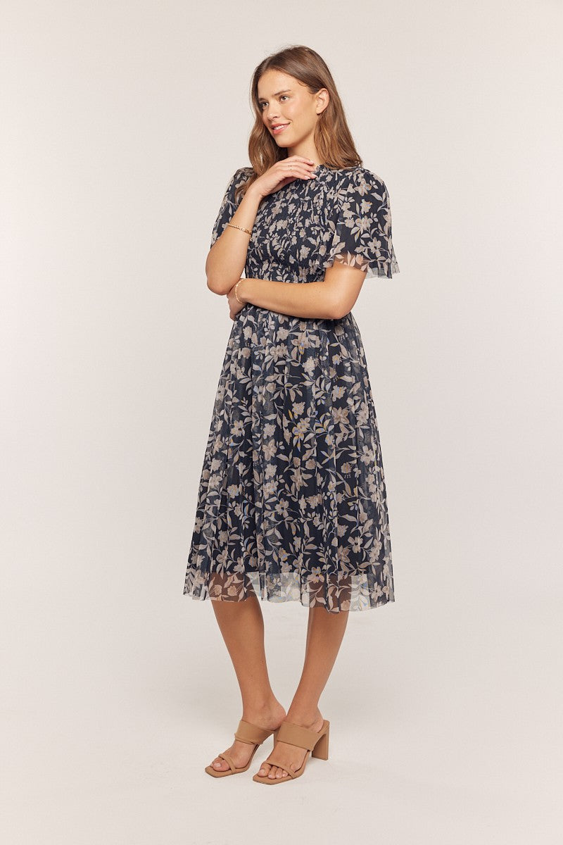 Printed Mesh Smocking Top Dress