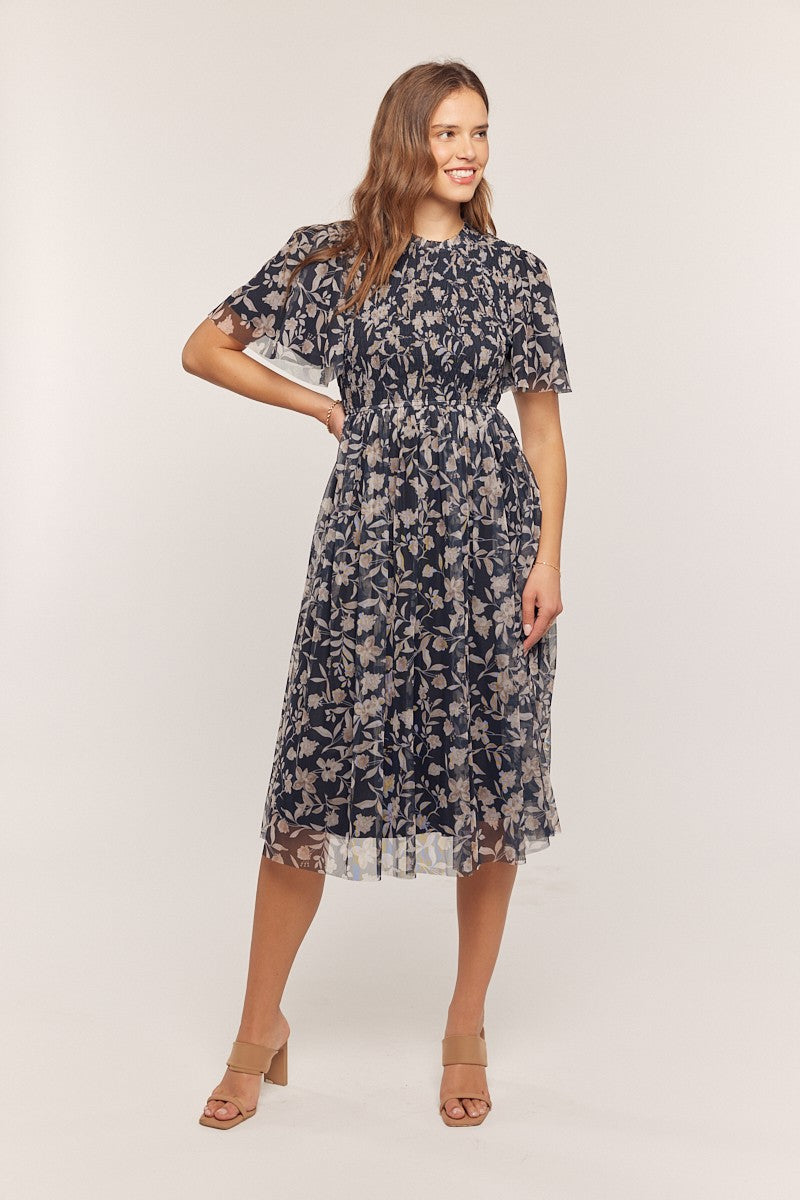 Printed Mesh Smocking Top Dress