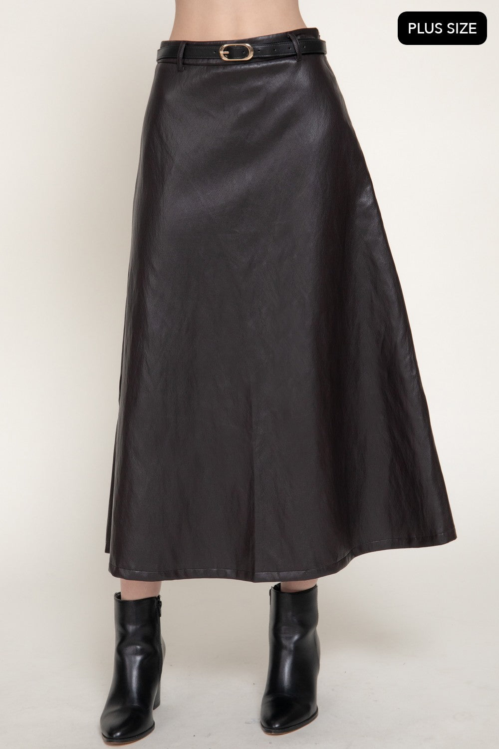Faux Leather Belted A-line Midi Skirt