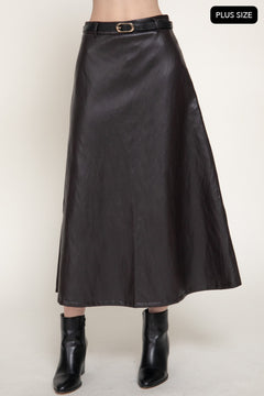 Faux Leather Belted A-line Midi Skirt