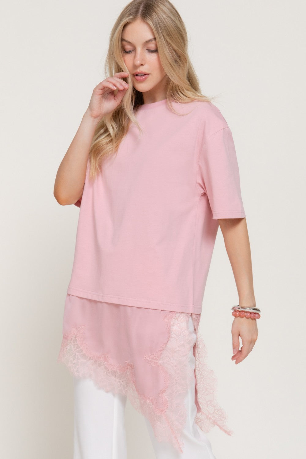 Short Slv Asymmetrical Hem Tonal Lace Knit Top