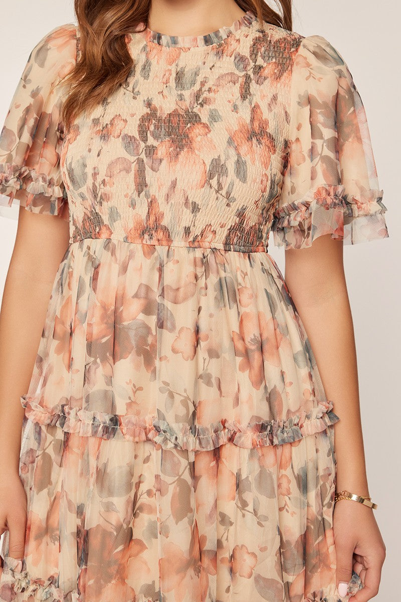 Floral Mesh Tiered Midi Dress