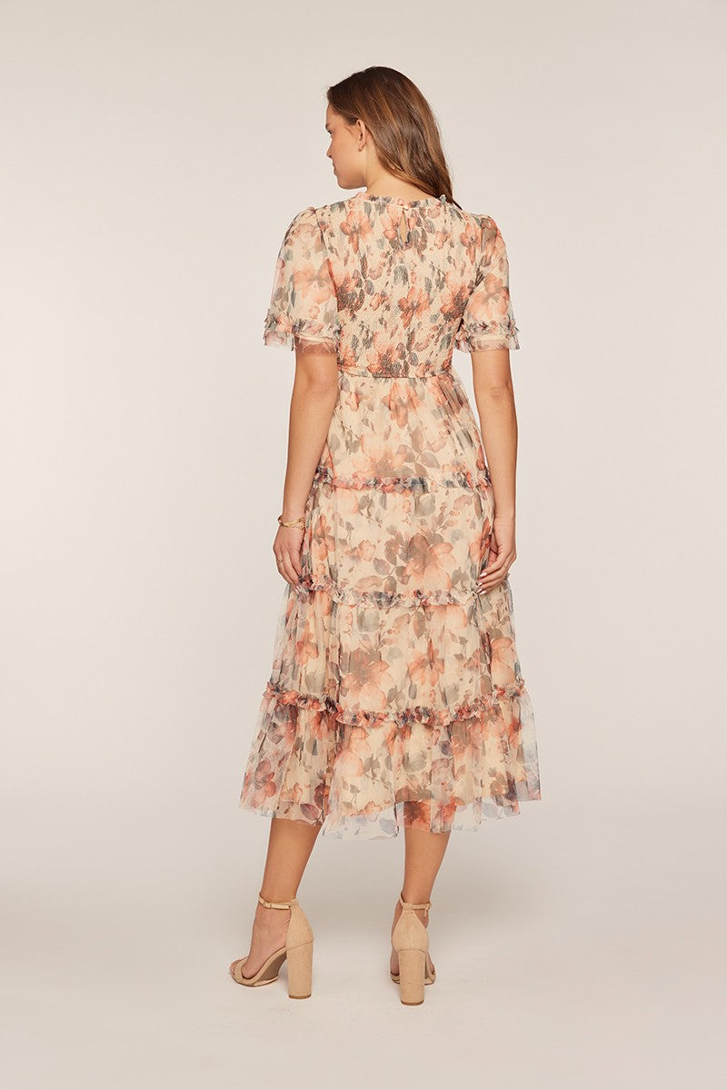 Floral Mesh Tiered Midi Dress