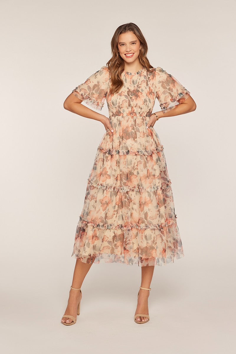 Floral Mesh Tiered Midi Dress