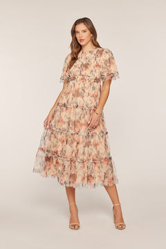 Floral Mesh Tiered Midi Dress