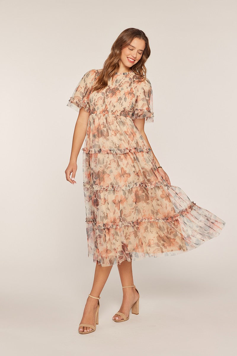 Floral Mesh Tiered Midi Dress