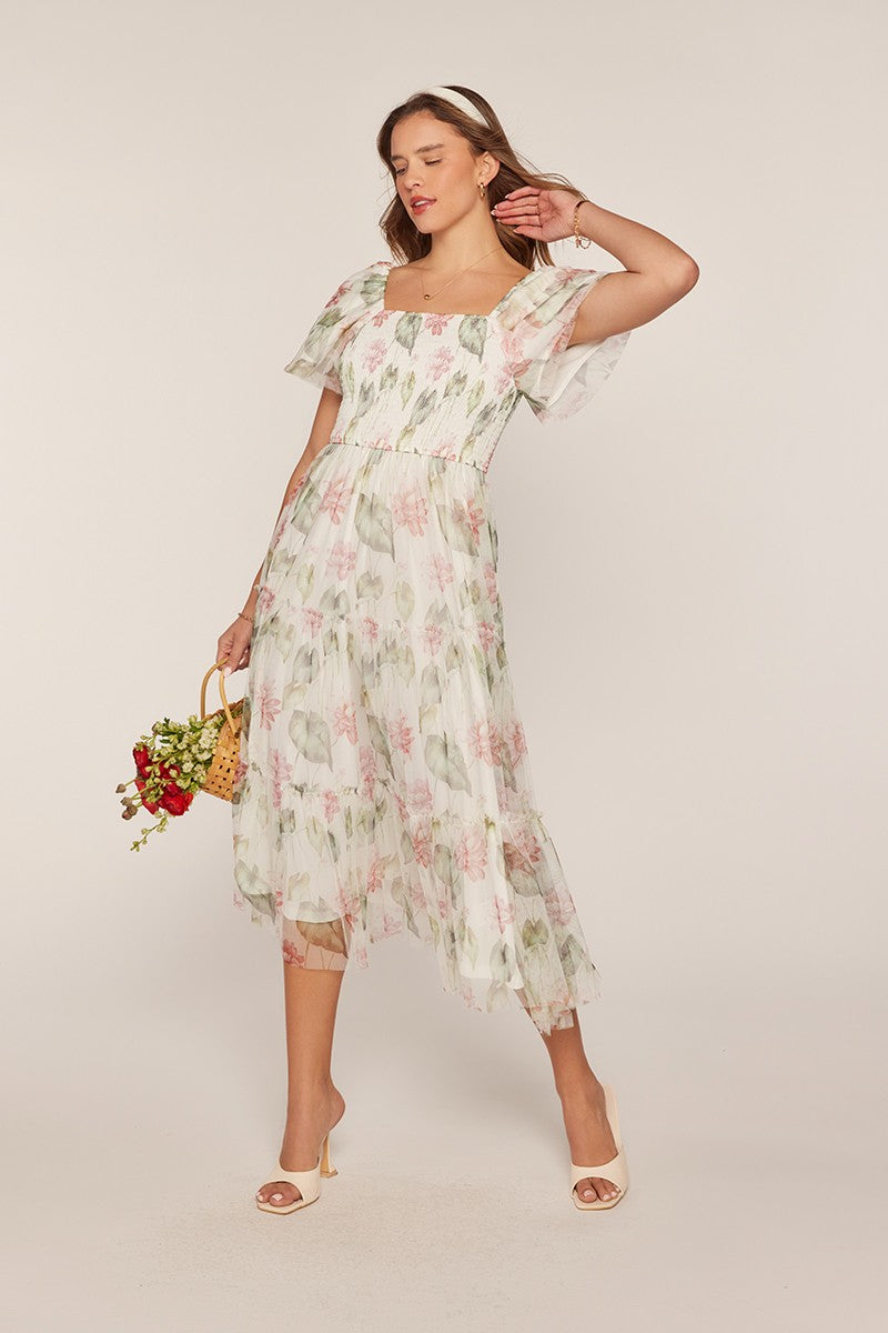 Floral Chiffon Smocked Bodice Tiered Midi Dress