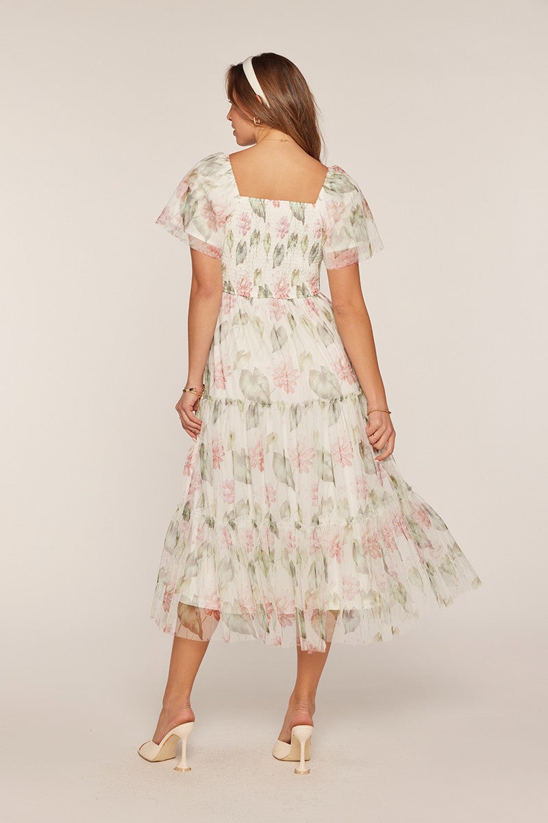 Floral Chiffon Smocked Bodice Tiered Midi Dress
