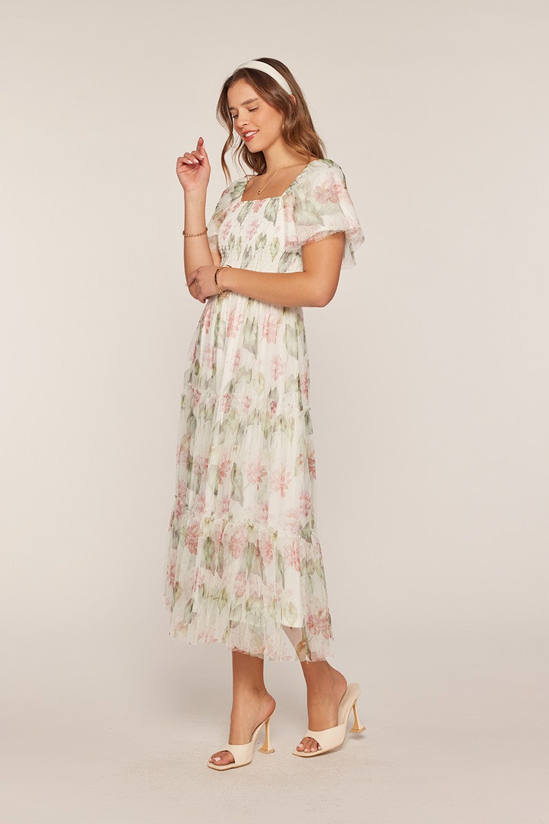 Floral Chiffon Smocked Bodice Tiered Midi Dress