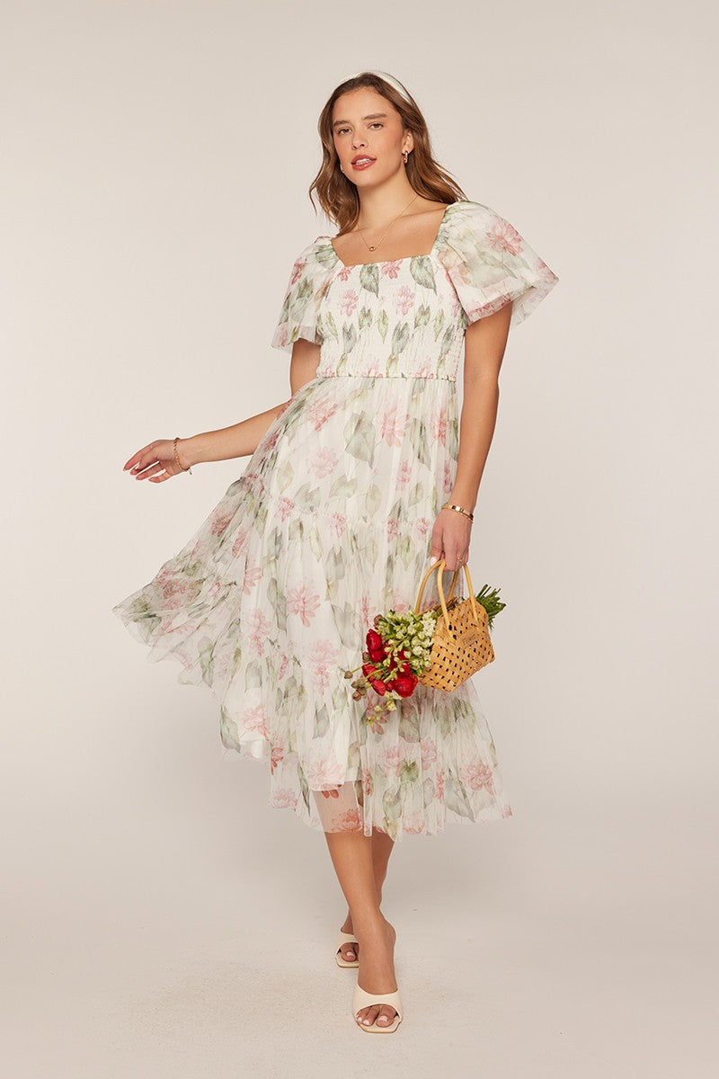 Floral Chiffon Smocked Bodice Tiered Midi Dress