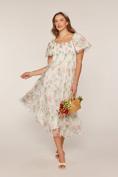 Floral Chiffon Smocked Bodice Tiered Midi Dress