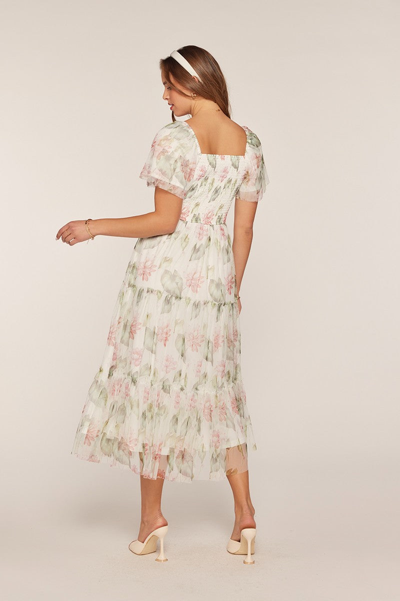 Floral Chiffon Smocked Bodice Tiered Midi Dress