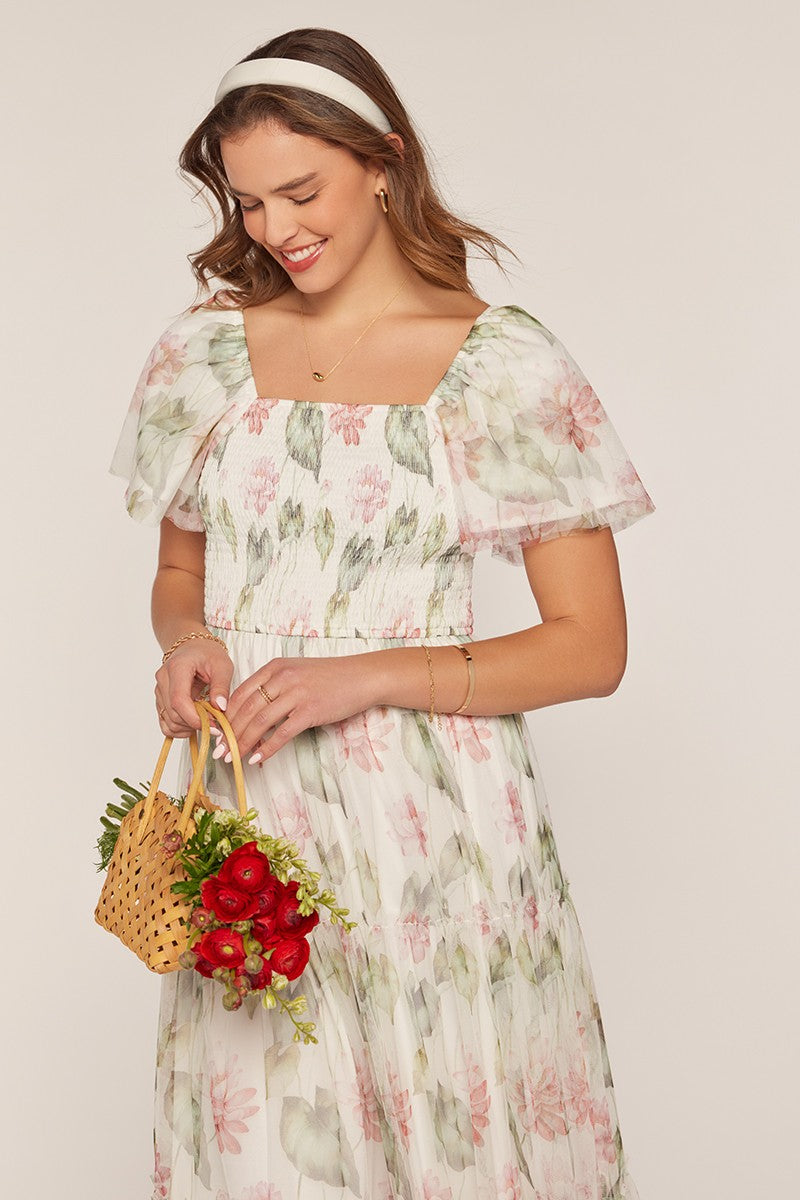 Floral Chiffon Smocked Bodice Tiered Midi Dress