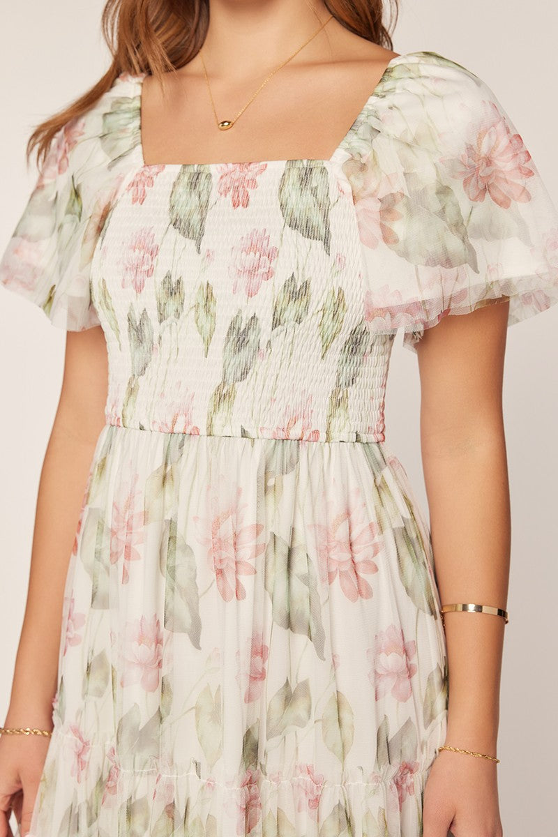 Floral Chiffon Smocked Bodice Tiered Midi Dress