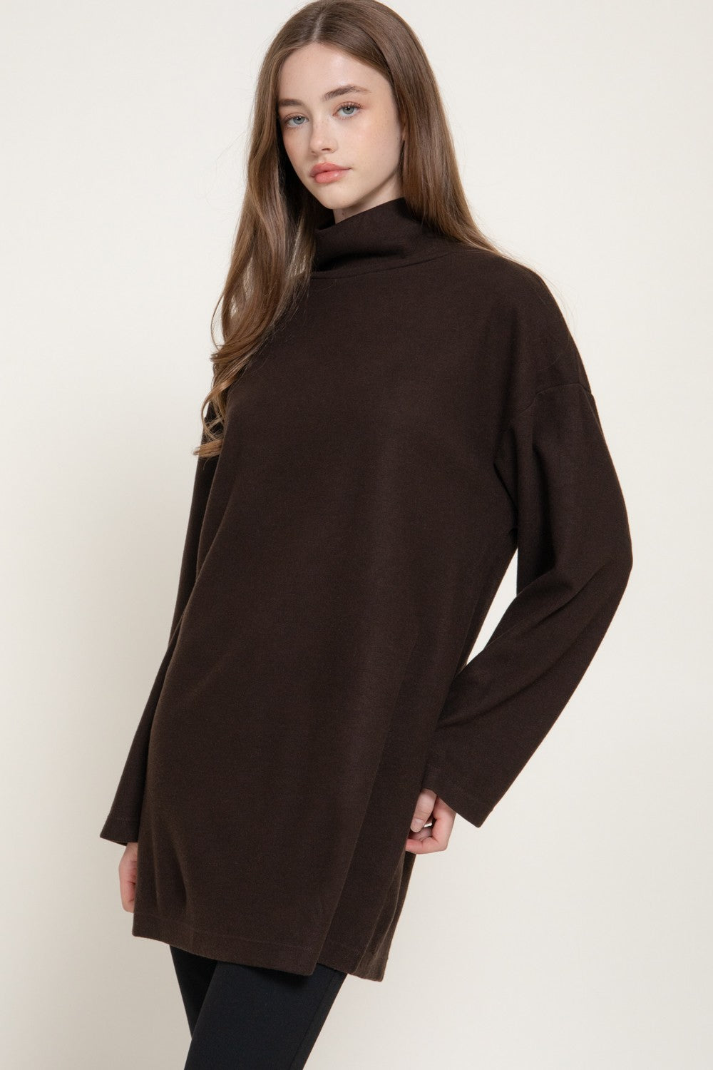 Long Slv High Neck Brushed Knit Mini Dress