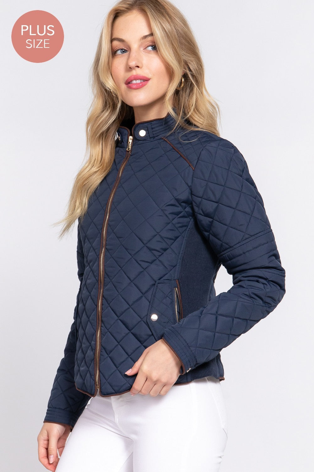Suede Piping Detail Rib Quilted Padding Jacket