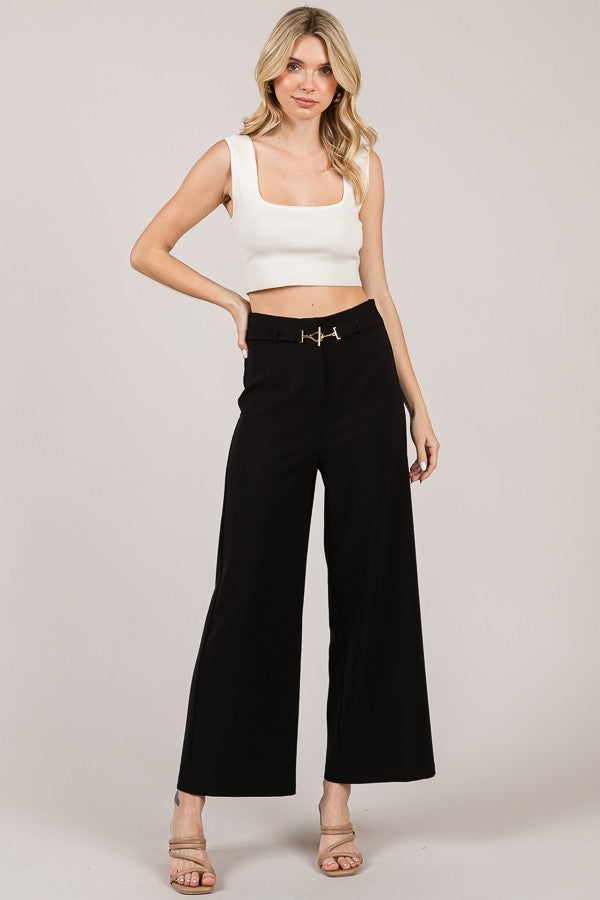 Twill Bar Hook High Rise Wide Leg Darted Trousers