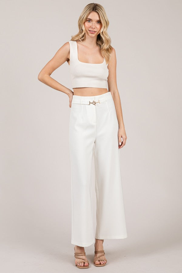 Twill Bar Hook High Rise Wide Leg Darted Trousers