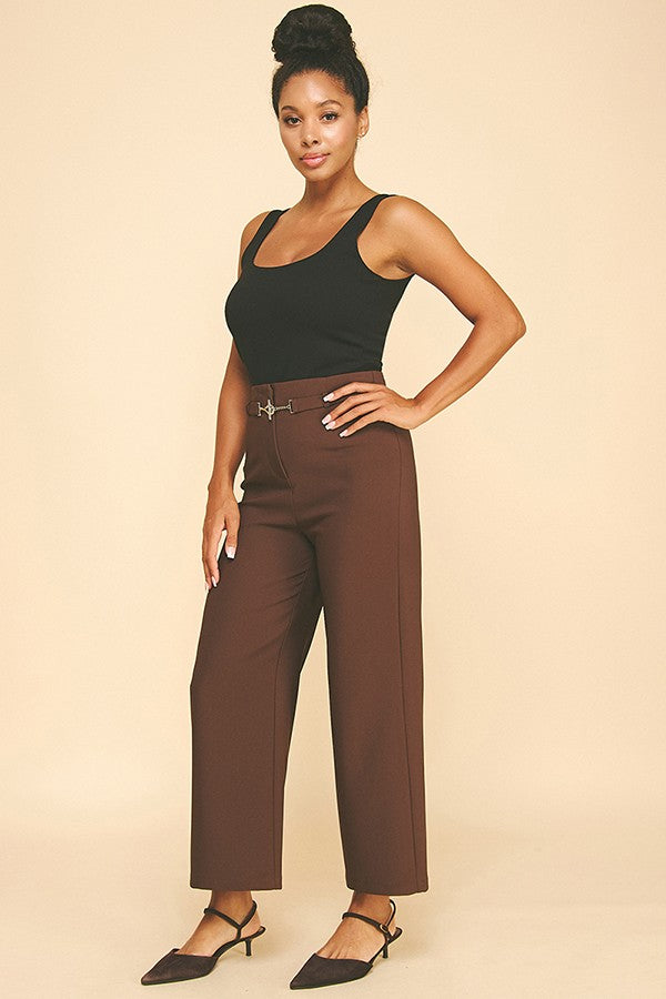 Twill Bar Hook High Rise Wide Leg Darted Trousers