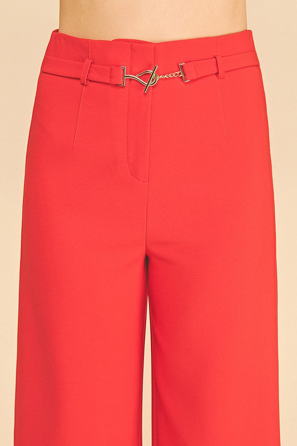 Twill Bar Hook High Rise Wide Leg Darted Trousers