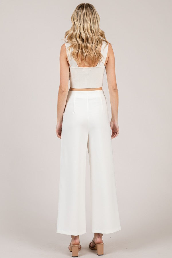 Twill Bar Hook High Rise Wide Leg Darted Trousers