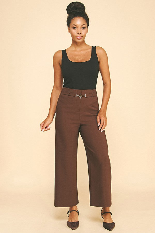 Twill Bar Hook High Rise Wide Leg Darted Trousers
