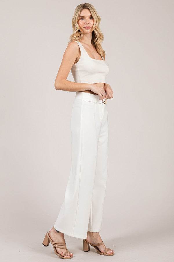 Twill Bar Hook High Rise Wide Leg Darted Trousers
