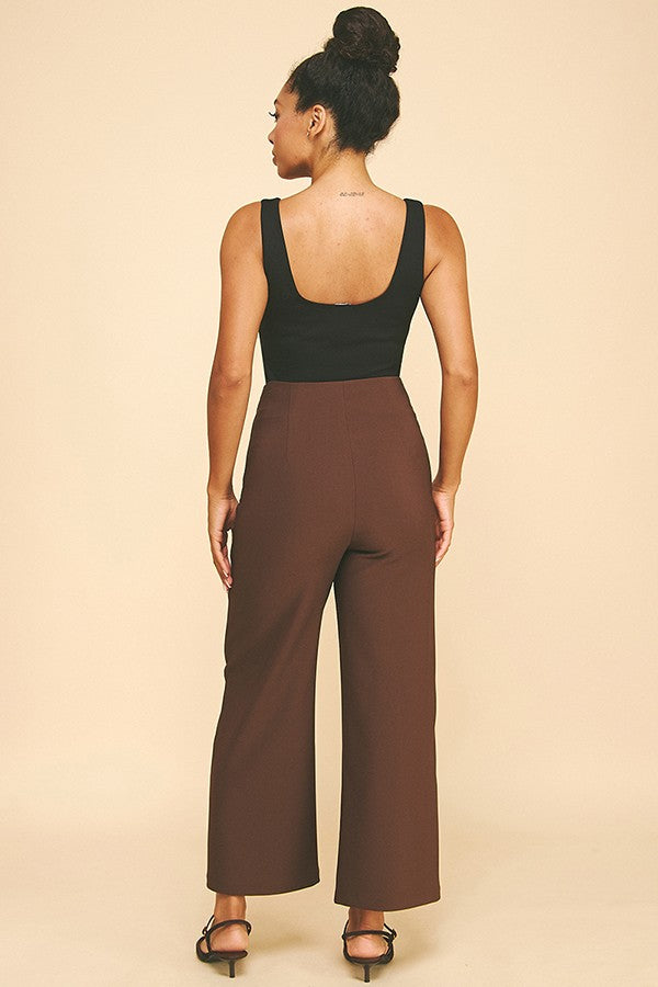 Twill Bar Hook High Rise Wide Leg Darted Trousers