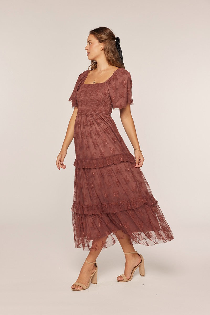 Jacquard Mesh Smocking Tiered Dress
